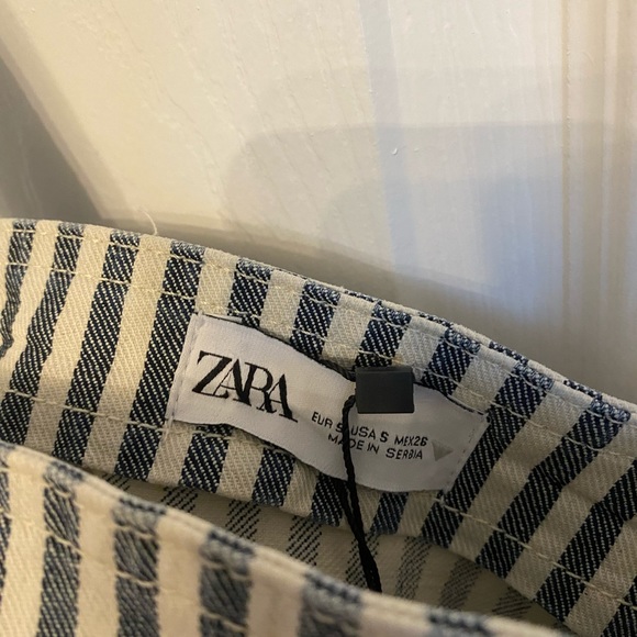 Zara Tank Top Crop Shirt Stripe Bra Top Blue Cream Denim Jean Fabric Small S NWT - Picture 6 of 10